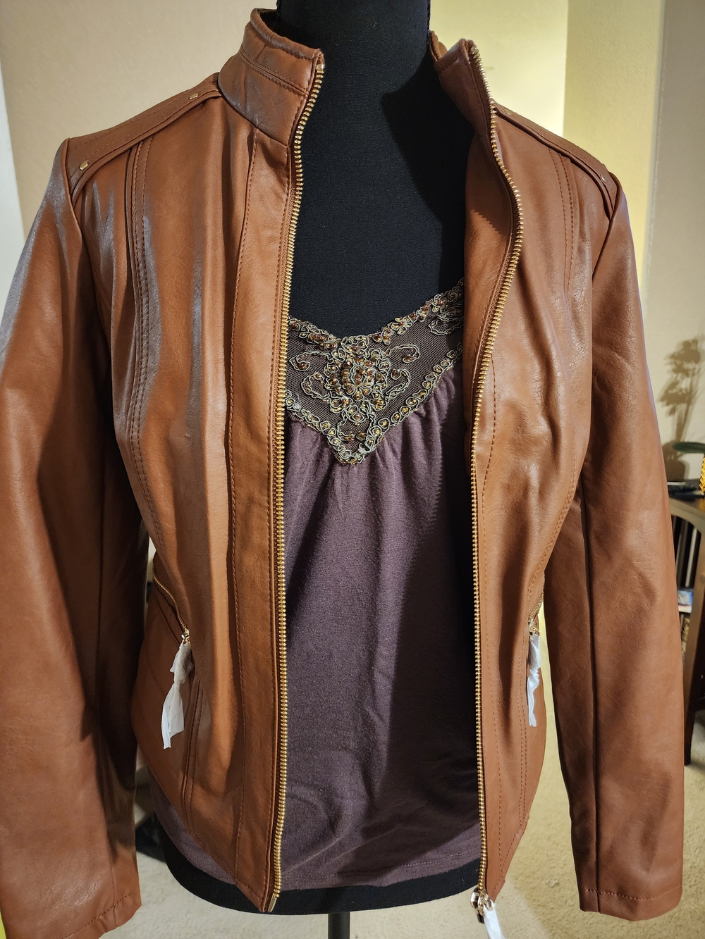 Guess Women's Brown Leather Zip Jacket